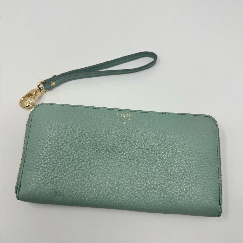 Fossil Sydny Large Zip Clutch Wallet Seaglass   NWT